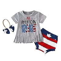 Toddler Girls Independence Day 4 of July Short Sleeve Letter Prints Tassels T Shirt Tops Shorts Headbands Outfits (Grey, 3-6 Months)
