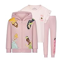 Princess Girls Cinderella, Belle, Tiana and Mulan Hoodie, T-Shirt and Pant Set for Toddlers and Big Kids – Pink