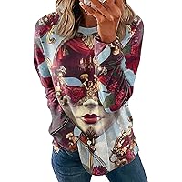 Mardi Gras Outfit for Women Mask Print T Shirts for Women Sexy Tops for Women Long Sleeve Shirts for Women Funny Party Tees