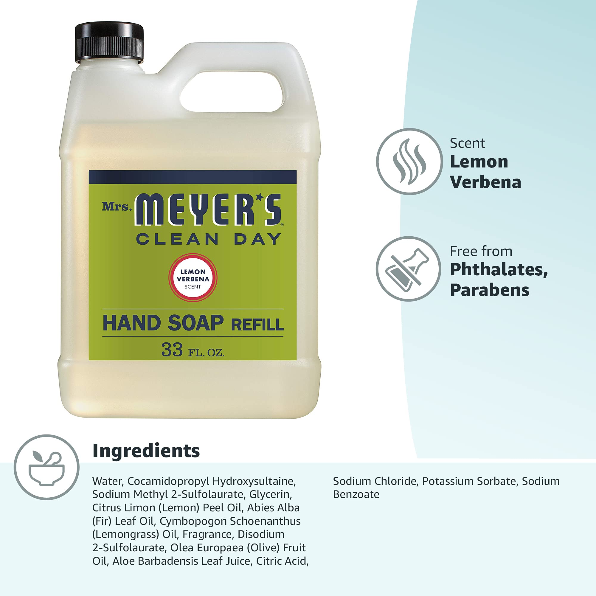 Mrs. Meyer's Hand Soap Refill, Made with Essential Oils, Biodegradable Formula, Lemon Verbena, 33 fl. oz