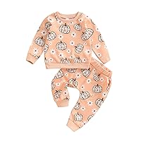 wdehow Toddler Baby Girls Halloween Outfits Flower Pumpkin Print Long Sleeve Sweatshirts Tops Pants Fall Winter Clothes (A-Orange, 6-12 Months)