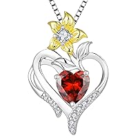 YL Heart Necklace 925 Sterling Silver cut 12 Birthstone Cubic Zirconia Lily Flower Pendant for Women,Chain 45+3CM