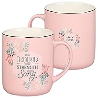 Christian Art Gifts Large, 14 oz Ceramic Scripture Coffee & Tea Mug for Women: The Lord is My Strength - Psalm 118:14 Inspirational Bible Verse, Lead-free Drinkware w/Silver Rim, Pink Floral
