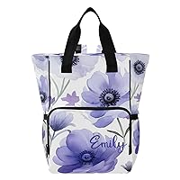 Purple Florals Leaves Custom Diaper Bag Backpack Personalized Name Baby Bag for Boys Girls Toddler Multifunction Travel Back Pack for Mom Maternity Dad with Stroller Straps