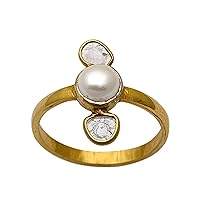 Shine Jewel 0.5 CT Slice Diamond Freshwater Pearl Ring 14k Yellow Gold Plated 925 Sterling Silver Handmade Vintage Jewelry Gift for Women Size 7.5