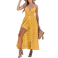 CUPSHE Women's Ruching Smocking Jumpsuit Summer Slip V Neck Backless Maxi High Low