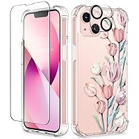 GVIEWIN Designed for iPhone 13 Case 6.1 Inch, with Tempered Glass Screen Protector + Camera Lens Protector Clear Flower Soft & Flexible Shockproof Floral Women Phone Cover (Aromatic/Pink)