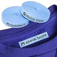 Haberdashery Online - 100 Personalized Iron-on Fabric Labels for Clothes, White with Icons, Gentle on Kids Skin, Ideal for School Uniform, Jackets, T-Shirts, Hats, Backpacks, Blue Color