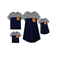 PATPAT Family Matching Outfits Mommy and Me Striped Short Sleeve Tshirt Summer Casual Dresses Blue with Pocket and Tshirts