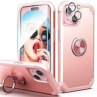 IDweel for iPhone 15 Case with Screen Protector + 360°Ring Holder Stand +Camera Lens Protector,2 in 1 Shockproof Slim Fit Hybrid Heavy Duty Hard PC Cover Soft Silicone Bumper Full Body Case,Rose Gold