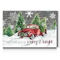 Renditions Gallery Merry & Bright Wall Art, Red Truck and Christmas Trees, White Snowflake, Festive Decorations, Premium Gallery Wrapped Canvas Decor, Ready to Hang, 18 in H x 27 in W, Made in America