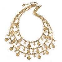 Avalaya Vintage Inspired 3 Strand Necklace with Teardrop Charms in Antique Gold Tone - 50cm L/ 6cm Ext