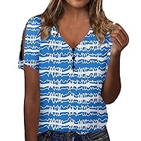 Summer Tops for Women 2024,Womens Summer Tops Cold Shoulder V Neck Button Printed Blouse 2024 Casual Short Sleeve Loose Fit Tshirts Cotton Short Sleeve Tunic