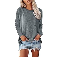 Holiday Tops for Women Autumn/Winter Round Neck Pocket Split Long Sleeve Casual Loose Top T Shirt for Woman Po
