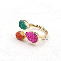 El Joyero Adjustable Rings Natural Agate Druzy Pear Shape Gemstone Design Handmade Gold Plated Rings Jewelry