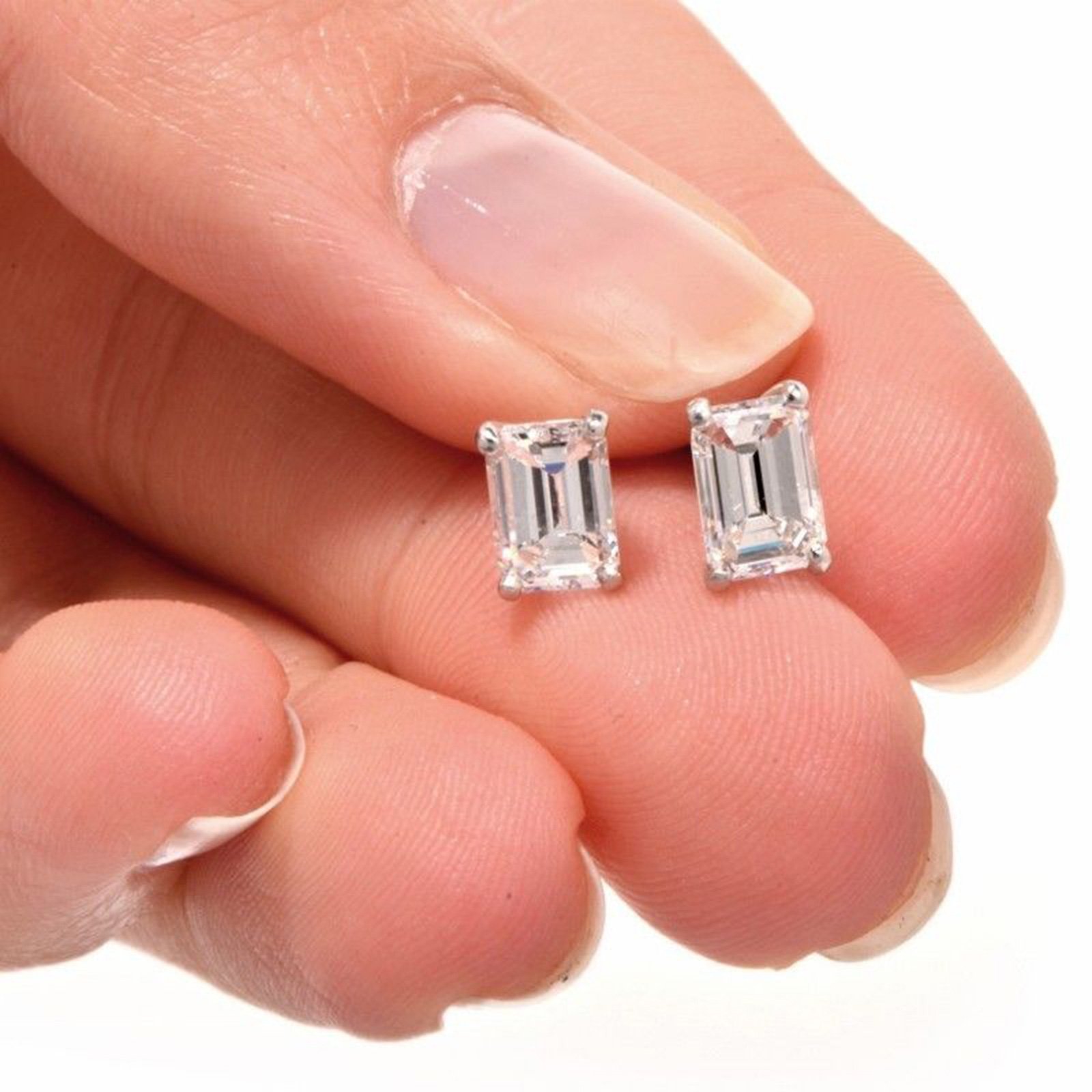 2.20 CT Emerald Cut Conflict-Free VVS1 Ideal Gemstone April Birthstone designer Simulated Diamond Solitaire Stud Earrings in Solid 14k White Gold Screw Back