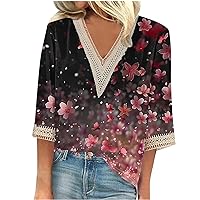 Womens Summer Tops 2024 Casual 3/4 Length Sleeve Shirt Lace Crochet V Neck Blouse Floral Graphic Tee Tunic Shirts