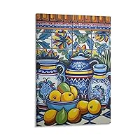 FRONC Mexican Kitchen Art, Lemon Wall Art, Tarawera Pottery Paintings, Rustic Terracotta Pottery Decorativ Canvas Painting Wall Art Poster for Bedroom Living Room Decor 20x30inch(50x75cm) Frame-style