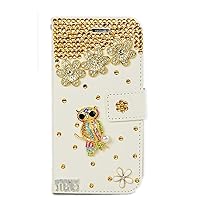 Crystal Wallet Phone Case Compatible with Samsung Galaxy S21 FE 5G - Night Owl - Gold - 3D Handmade Sparkly Glitter Bling Leather Cover with Screen Protector & Beaded Phone Lanyard