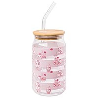 Silver Buffalo Hello Kitty Milk Bottle Toss Glass Tumbler w Bamboo Lid and Glass Straw, 16 Ounces