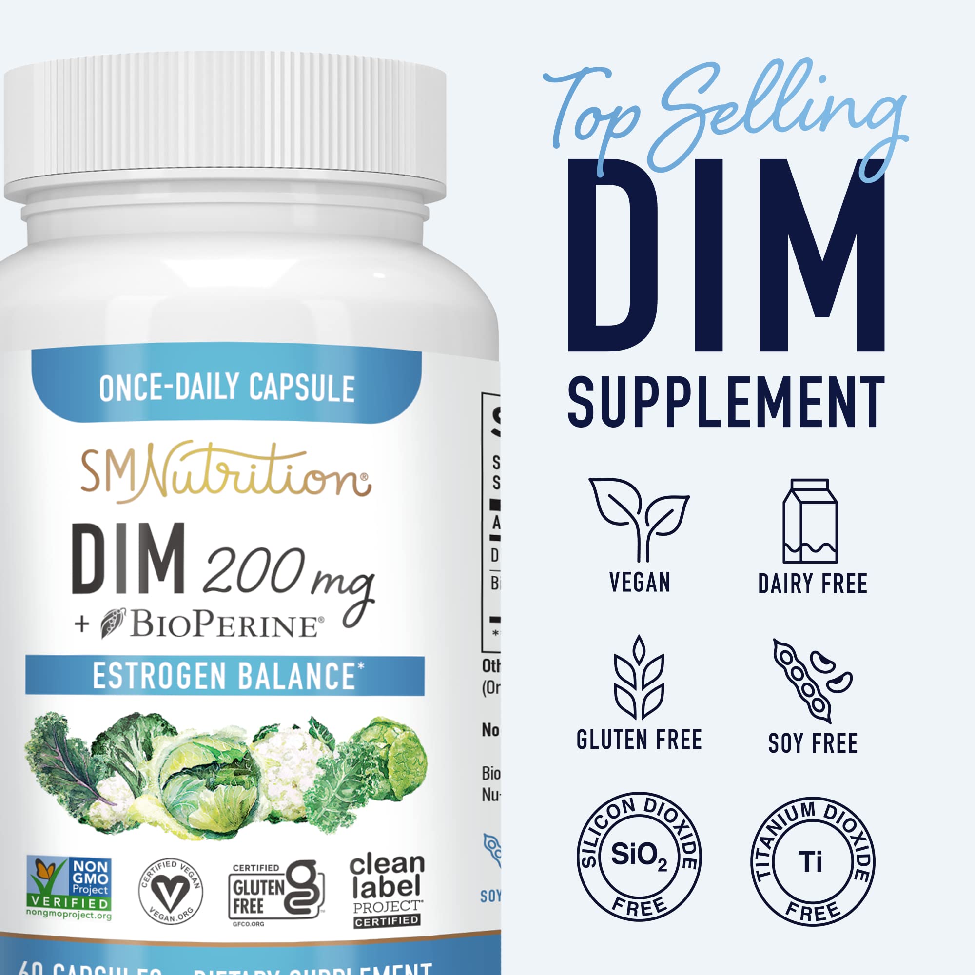 SMNutrition DIM Supplement 200 mg | Estrogen Balance for Women & Men | Hormone Balance, Menopause Supplements for Women, Antioxidant Support | Clean Label Project Certified, Vegan, Soy Free 60 Ct.