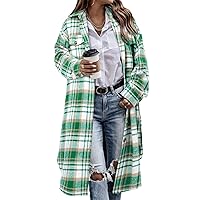 CHICZONE Womens Casual Lapel Button Down Long Plaid Shirt Flannel Shacket Jacket Plus Size Tartan Trench Coat Green 3XL
