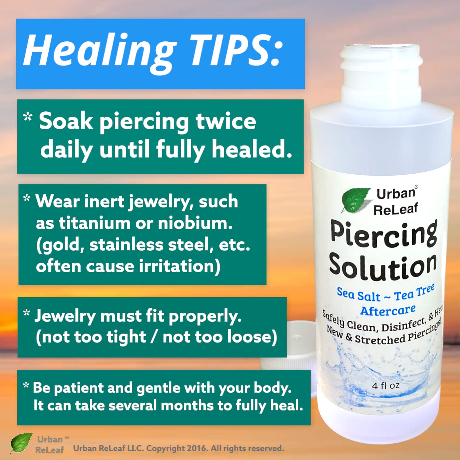 Urban ReLeaf Piercing Solution ! Healing Sea Salts & Tea Tree AFTERCARE 4 oz, Ready to use. Safely Clean, Soothe & Heal New & Stretched Piercings. Gentle Effective Natural & Soothing. Works Fast