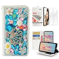 STENES Bling Wallet Phone Case Compatible with Samsung Galaxy A15 5G - Stylish - 3D Handmade Gemstone Octopus Crown Leather Girls Women Cover with Screen Protector [2 Pack] - Light Blue