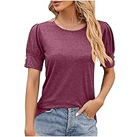 Womens Summer Shirt V Neck Casual Tshirts Puff Sleeve Tops for Women Solid Color Lightweight Work Blouses