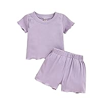 Kupretty Toddler Baby Girl Summer Clothes Ruffle Ribbed Knit Short Sleeves T-Shirt Tops + Shorts Cute Outfits Set