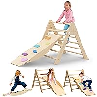 5 in 1 Toddler Climbing Toys - Safe Montessori Climbing Set with Foldable Pikler Triangle Ladder, Reversible Kids Climbing Gym Rock, Toddler Slide & More - Wooden Play Gym for Indoor/Outdoor