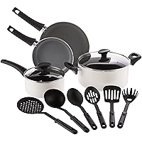 BELLA Cookware Set, 12 Piece Pots and Pans with Utensils, Nonstick PFOA Free Scratch Resistant Cooking Surface Compatible with All Stoves, Nylon and Aluminum, Cream