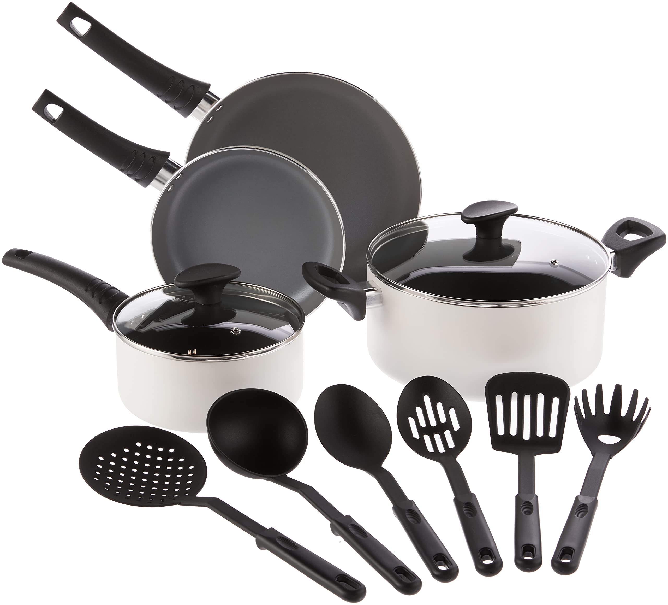 BELLA Cookware Set, 12 Piece Pots and Pans with Utensils, Nonstick Scratch Resistant Cooking Surface Compatible with All Stoves, Nylon and Aluminum, Cream