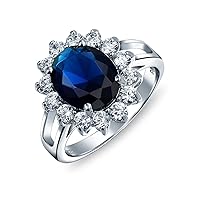 Bling Jewelry Personalize Classic Traditional 5CTW Royal Blue CZ Crown Halo Oval Cubic Zirconia Simulated Sapphire Engagement For Women Promise Ring .925 Sterling Silver Customizable
