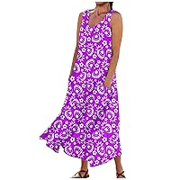 Dresses for Women 2024,Summer Dress Casual Round Neck Sleeveless Beach Boho Long Dresses Maxi Sundress with Pocket
