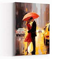 bedroom decor for couples,romantic wall art,couple enjoying the rain under an umbrella,in the style of yellow and red,elegant cityscapes,8''x12'' Framed Modern Canvas Wall Art