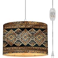 Plug in Pendant Light Colorful Knitted Embroidery Geometric Ethnic Oriental Pattern Hanging Lamp with Plug in Cord 16.4 ft Fabric Shade Dimmable Hanging Light for Living Room Kitchen Bedroom