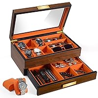 ikkle Watch Box Organiser for Men, 6 Compartments, Luxury Wooden Watch Display Case, Jewellery Organiser with Drawer and Real Glass Watch Holder, Cufflinks, Rings and More
