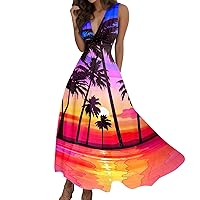 Tropical Dresses for Women 2024 Summer Trendy Elegant V Neck Sleeveless Floral Print Sundress Casual Beach Flowy Long Dress