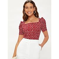 Women's T-Shirt Puff Sleeve Allover Heart Print Top T-Shirt (Color : Red, Size : X-Small)