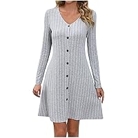 Womens Ribbed Knitted Sweater Dresses Button Down V Neck Long Sleeve Mini Dresses Fall Slim Fitted Solid Color Flared Dress