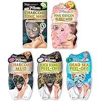 Face Mask Bundle with Pink Oxygen Bubble Mask, Charcoal Tonic Sheet Mask, Black Seaweed Peel-Off, Charcoal Mud and Dead Sea Peel-Off Masks for a Deep Pore Detox (Pack Of- 5)