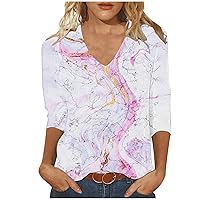 3/4 Length Sleeve Womens Tops Trendy Marble Print Tshirt Casual V Neck Blouse TLoose Fit Cute Tees 3/4 Sleeve Retro Clothes