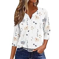 3/4 Length Sleeve Womens Tops Button Down Summer Henley Neck T Shirts Plus Size Blouses 4th of July Floral Print Tees