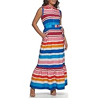 kensie Women's Multi Stirpe Maxi Cotton Waist Tie Contemporary Dress