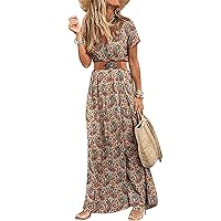 Woolicity Women's 2023 Floral Summer Dress Bohemian Maxi Dresses Wrap V Neck Short Sleeve Belted Midi Long Sun Dresses Brown XXL