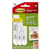 Command Picture Hanging Strips Variety Pack, Damage Free Hanging Picture Hangers, No Tools Wall for Living Spaces, White, 2 Medium Pairs, 6 Pairs and 8 Extra Large Pairs
