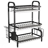 1Easylife Dish Drying Rack, 3 Tier Dish Rack with Tray Utensil Holder, Large Capacity Dish Drainer with Cutting Board Holder Drain Board Tray for Kitchen Counter Organizer Storage (Black)