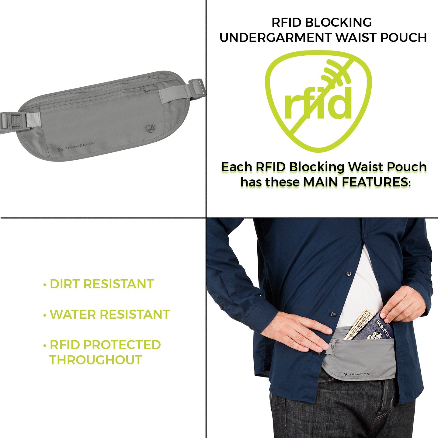 Travelon RFID Blocking Undergarment Waist Pouch, Gray, One Size