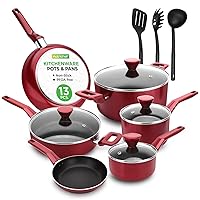 NutriChef 13 Pcs. Nonstick Kitchen Cookware PFOA-Free Heat Resistant Kitchenware Set w/Saucepan, Frying Pans, Cooking Pots, Casserole, Lids, & Utensils, Red NCCWA13RD